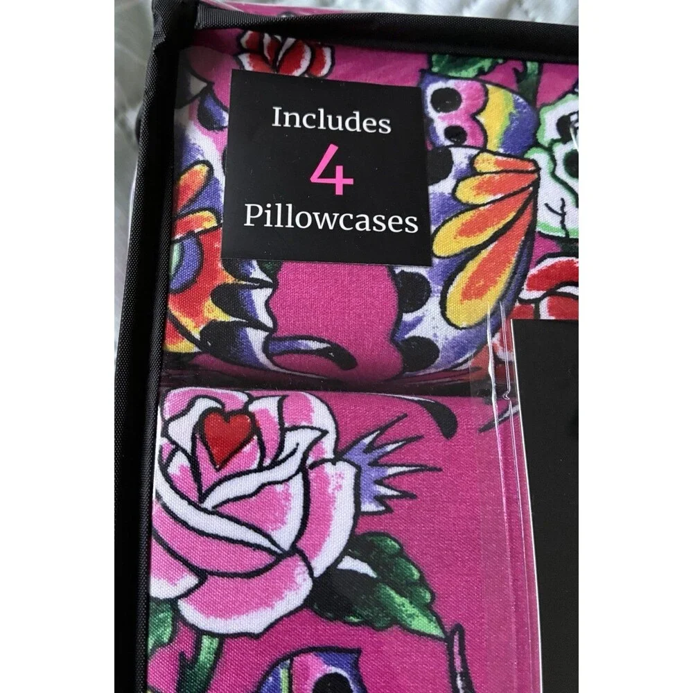 Ed Hardy King Sheet Set Pink Skull Rose Butterfly 6 Piece 4 Pillowcases New